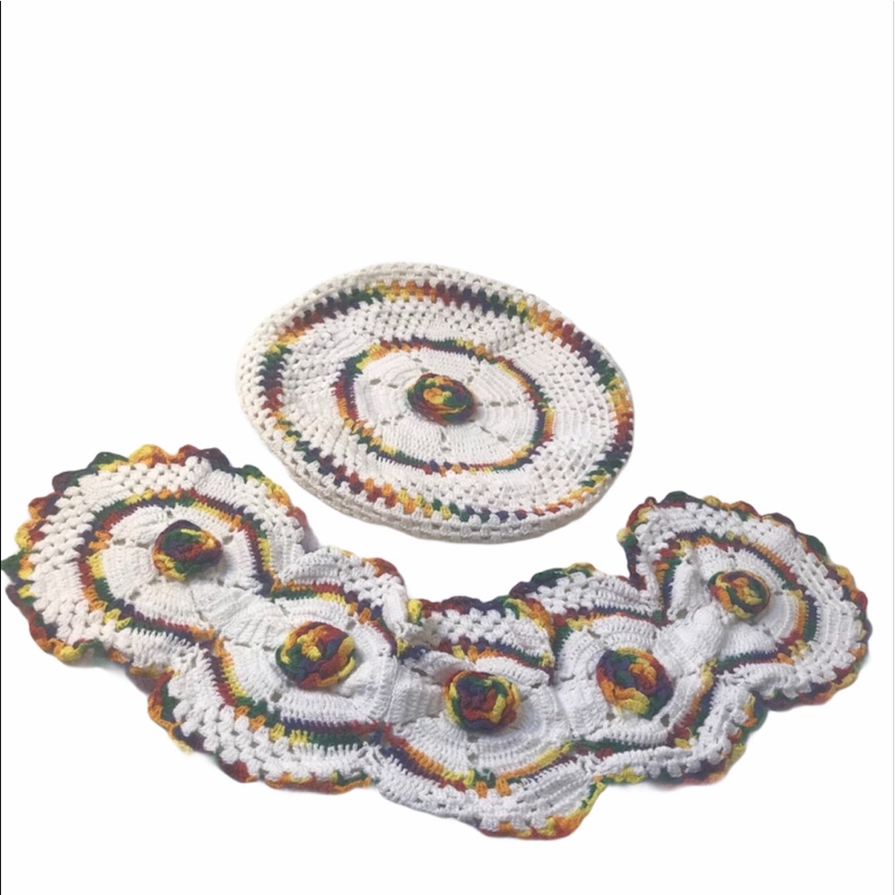 Handmade Crocheted Beret Hat & Scarf Set Rainbow